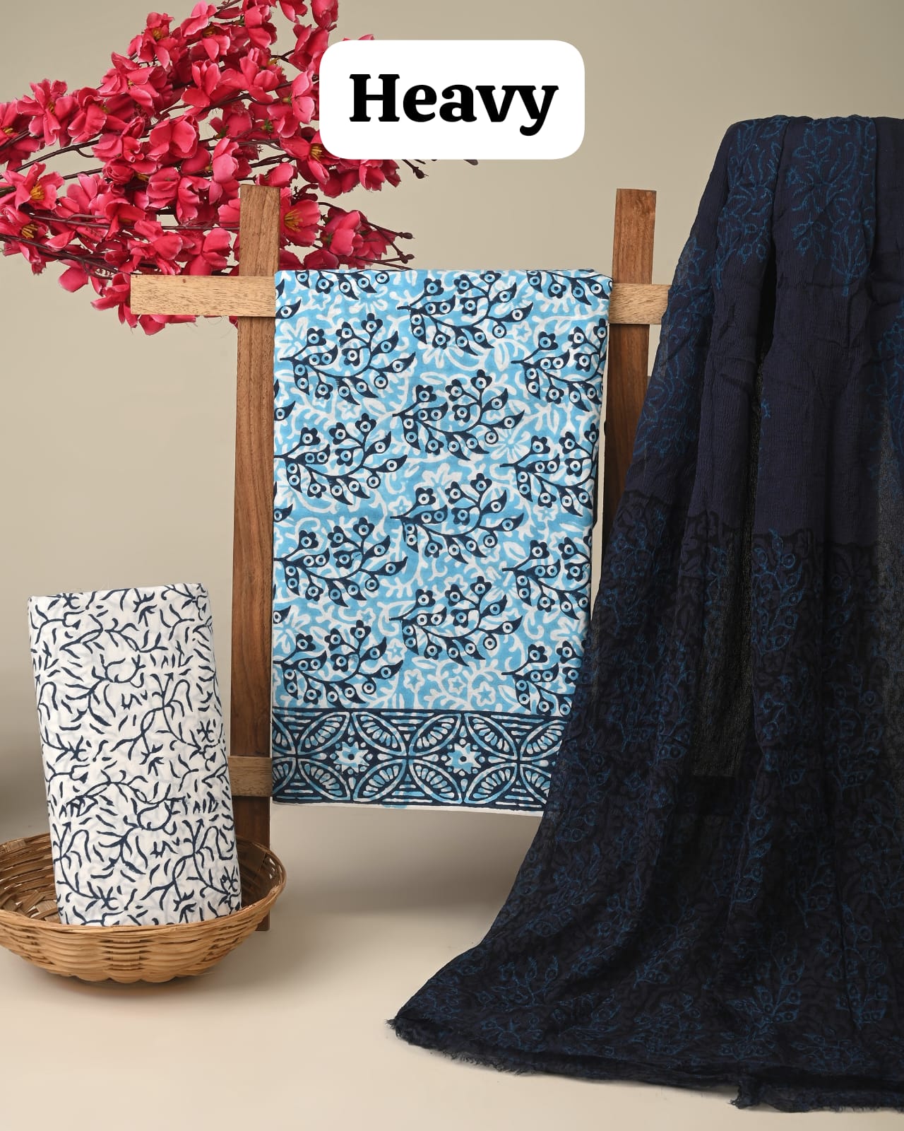 Light blue butta cotton dress material with chiffon dupatta wholesale, handblock printed cotton fabric set for boutiques by Fabtexs